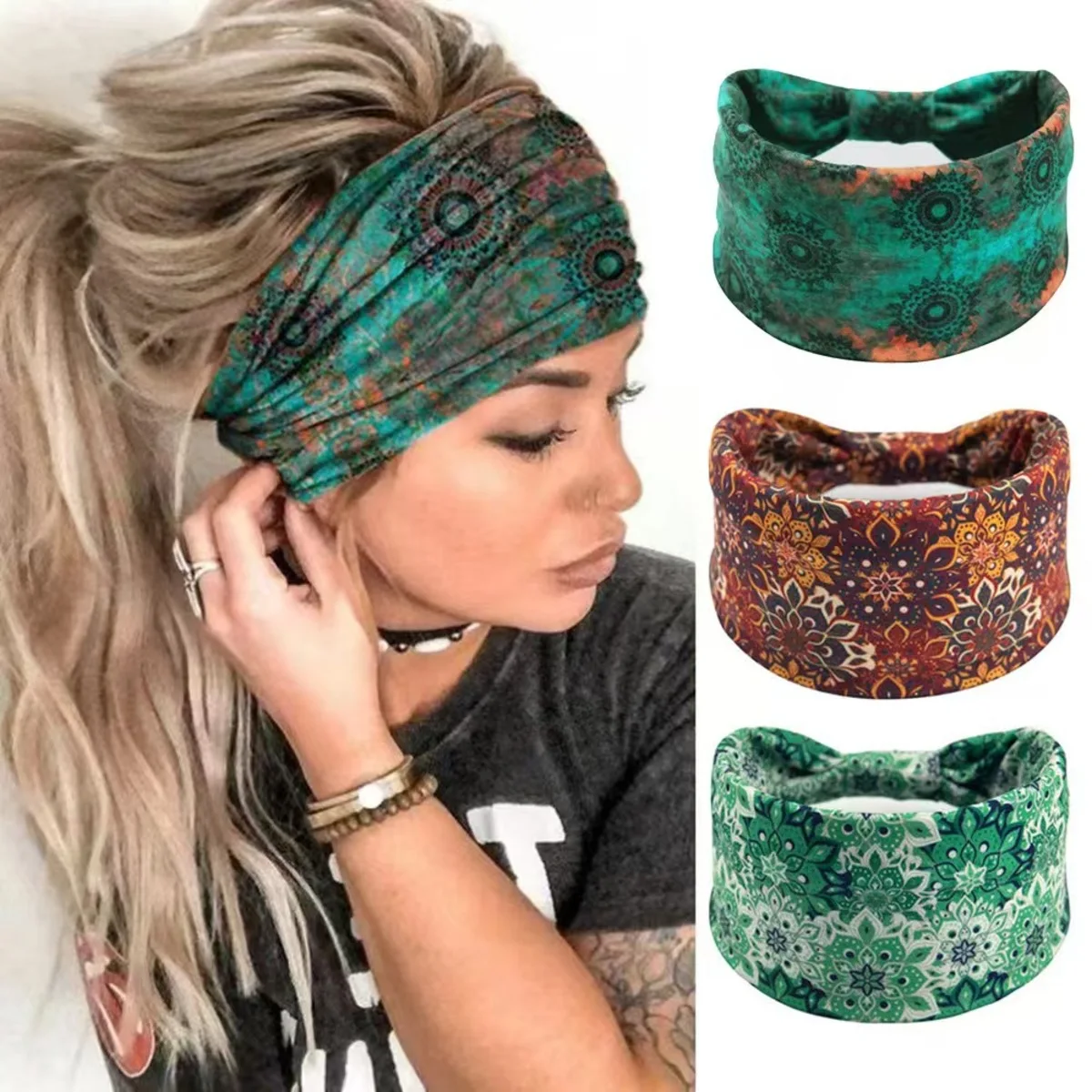 kf-Ad85752e0b71048deb4543670446e9306J Boho Headband Mandala Flower Hair Band Stretch Sweat-wicking Bandeau for Women with Wide Brim - Image 1