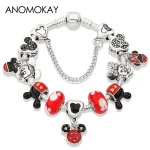 Dropshipping Hot Silver Color Disney Mickey Minnie Charm Bracelet Bangle Red Crystal Bead Bracelet DIY Gift for Women Girl
