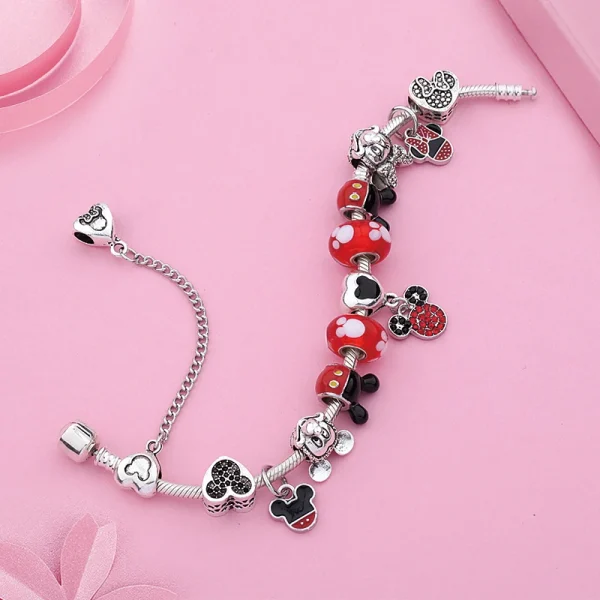 Dropshipping Hot Silver Color Disney Mickey Minnie Charm Bracelet Bangle Red Crystal Bead Bracelet DIY Gift for Women Girl - Image 4