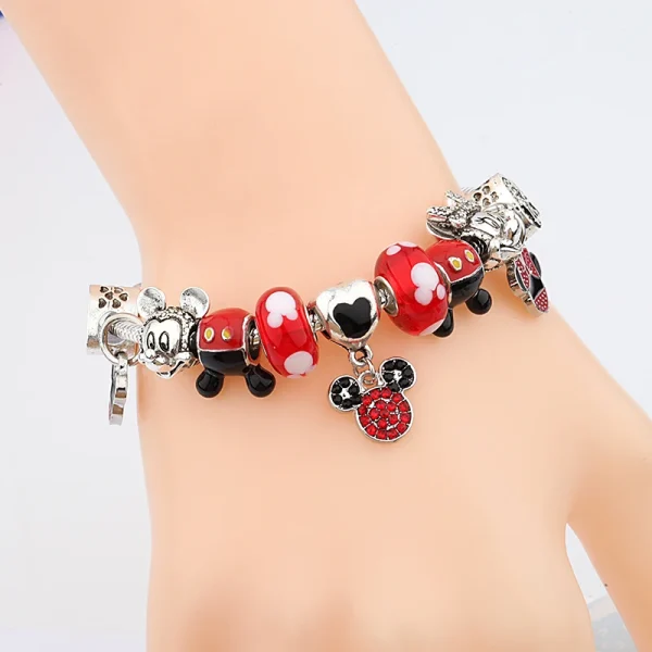 Dropshipping Hot Silver Color Disney Mickey Minnie Charm Bracelet Bangle Red Crystal Bead Bracelet DIY Gift for Women Girl - Image 5