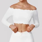 Women's Off Shoulder Long Sleeve Crop Top White Scallop Edge Workout T-shirts for Yoga Gym and Fitness with Stylish Design