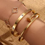 RAKOL 3PCS 316L Stainless Steel Four-leaf Flower Lucky Clover Bracelets For Women High Quality 18K Gold-plated Nail Bracelet NEW