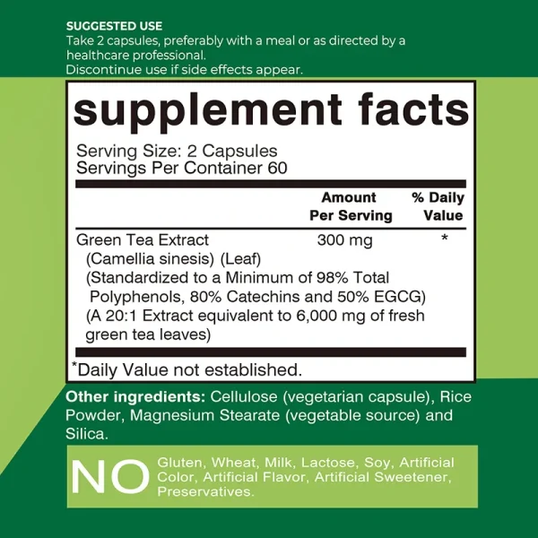 Green Tea Capsules - with 98% Polyphenols, 50% EGCG - Burns Fat, Boosts Metabolism, Appetite Suppressant, Antioxidant - Image 2