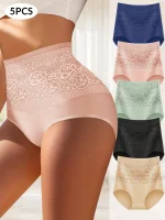 5 Pairs High Waisted Tummy Tuck Women's Panty Jacquard Hip-Hugging Triangle Pants Drawstring Cotton Comfortable and Breathable