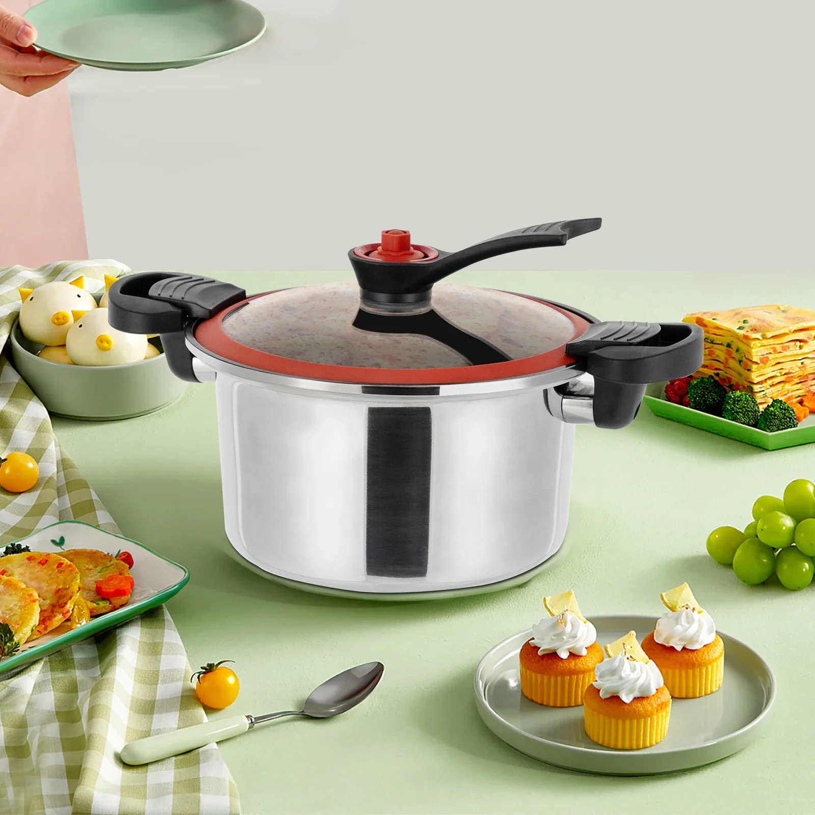 kf-S223d93babb0547638a6897b8b326f7c3O Silver Stainless Steel Micro Pressure Cooker with Non-Stick Coating, Ideal for Quick Meals and High-Pressure Cooking - Image 1