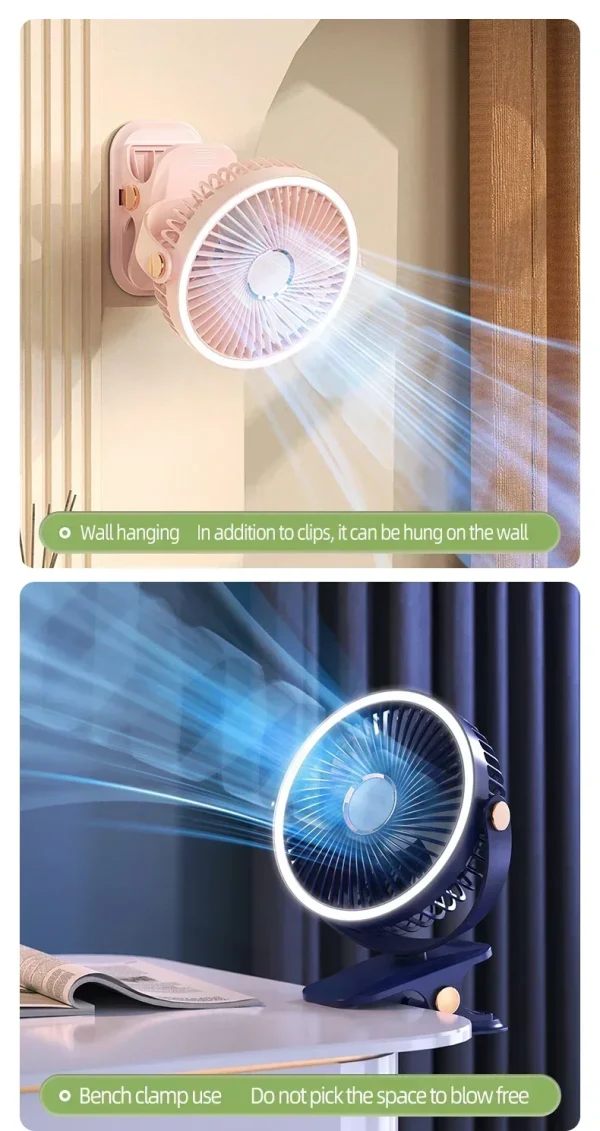 Rechargeable desktop and clip on with circulating air fan, 8000mAh, LED light fan, portable wireless ceiling fan - Image 5