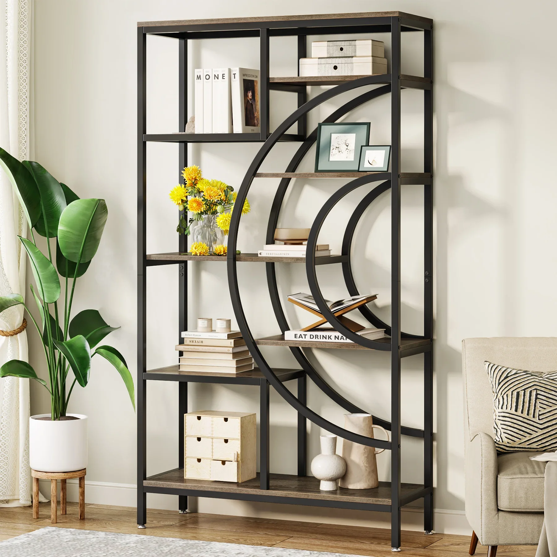 kf-S2c554b29a014458ab490afdb2b03421ef Tribesigns 71 inches Geometric Bookcase, 8-Tiers Bookshelves, Rustic Bookcase with Metal Frame, Freestanding Open Shelving - Image 1