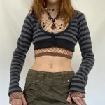 Y2K Vintage Striped Crop Top Casual Button O-neck Long Sleeves Cardigan T-shirt Retro Harajuku Grunge Super-short Smock Top Tees - Image 3