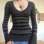 Y2K Grunge Emo 00s Vintage T Shirt Black Grey Striped V Neck Long Sleeve Jumper Tops Chic Women Autumn Retro Mall Goth Tees - Image 3