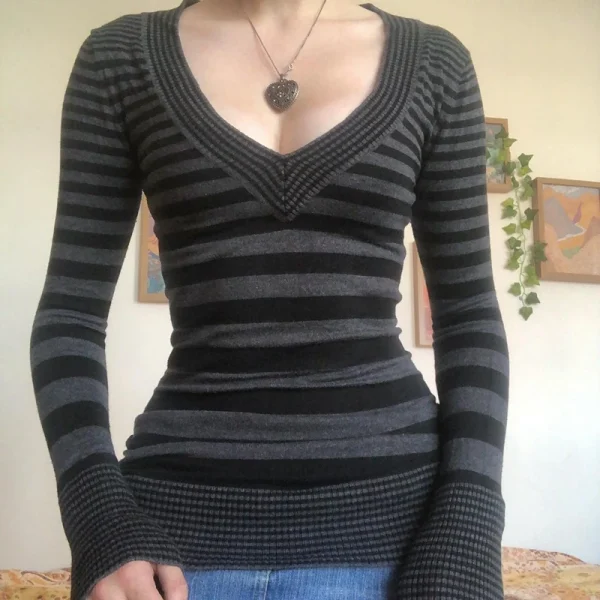 Y2K Grunge Emo 00s Vintage T Shirt Black Grey Striped V Neck Long Sleeve Jumper Tops Chic Women Autumn Retro Mall Goth Tees - Image 3