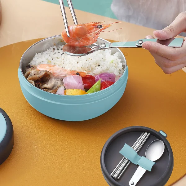 WORTHBUY 304 Stainless Steel Round Kids Lunch Box Outdoor Portable Double Layer Insulated Anti Scalding Bento Box With Cutlery - Image 2