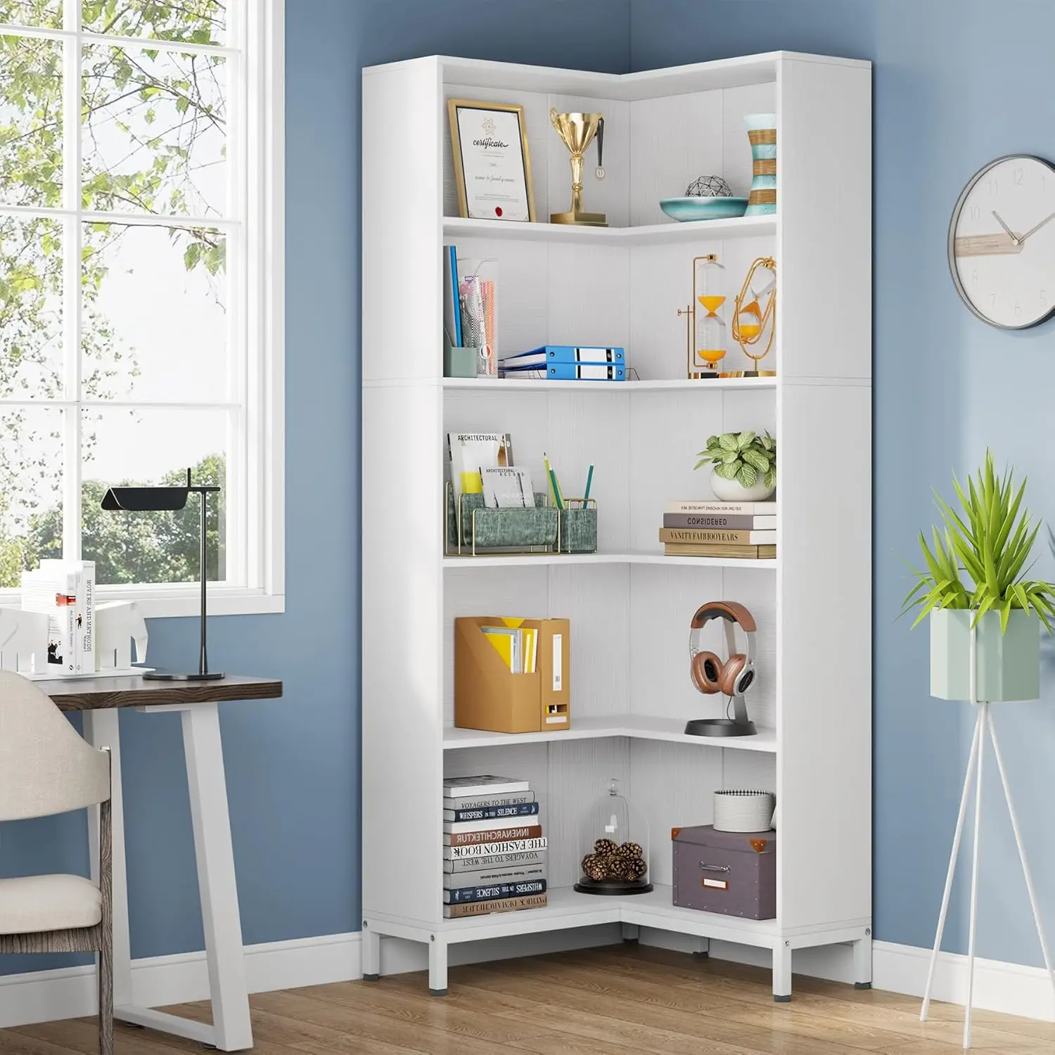kf-S439fc2052b4646498a13e26e12d04fe6U 71 Inches L-Shaped Corner Bookcase, 6-Tiers Industrial Etagere Bookshelf, Tall Storage Display Rack,Freestanding Bookshelves - Image 1