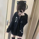 Spring Autumn Jackets Cute Cats Print Zip Up Hoodie Women Streetwear Sweatshirt Y2k Tops Cartoon Japanese Coat Grunge Black Gray - Image 2