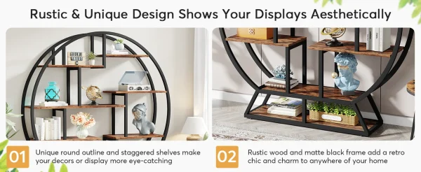 Tribesigns Bookshelf, Round Bookshelves Etagere Bookcase, 63-Inch Industrial Wood Book Shelf with Staggered Shelves - Image 4