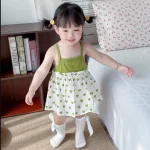 Summer Series Avocado Colored Heart-shaped Patchwork Camisole Baby Dress for Girls Cute Heart-shaped Printed Princess Dress