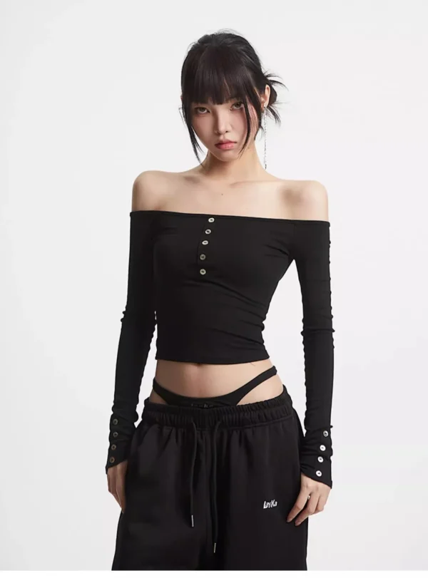 Women's Sexy Long Sleeve T-Shirt Crop Slim Fit Solid Off Shoulder Tee Shirt Femme 2025 Y2K Streetwear Top - Image 2