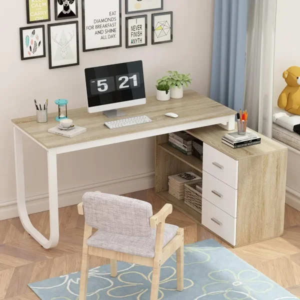 Home Office Computer Desk Corner Table with 3 Drawers and 2 Shelves, 55 Inch Large L Shape Study Writing Desk with Storage - Image 3