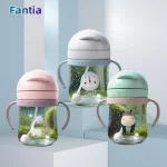 250ML/350ML Cartoon Pattern Outdoor Drinking Bottle with Straw Baby Feeding Cup for Kids Training Portable Handle Water Bottle - Image 2
