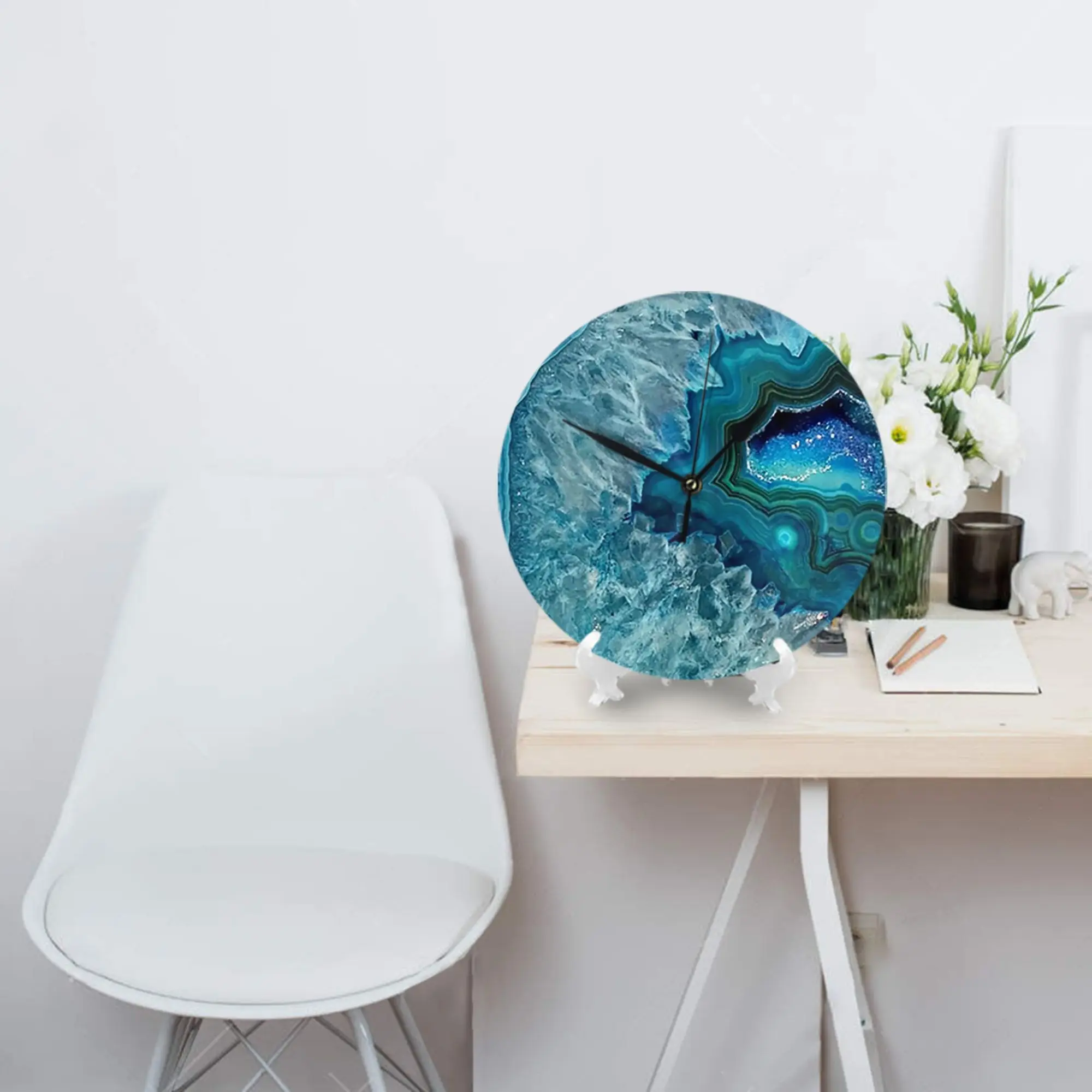 kf-S551411a0a1c340b58ef9ed05f7aec496i Teal Aqua Turquoise Blue Rock Agate Mineral Crystals Pattern Wall Clock Room Decoration Silent Round Clock for Bedroom Living - Image 1