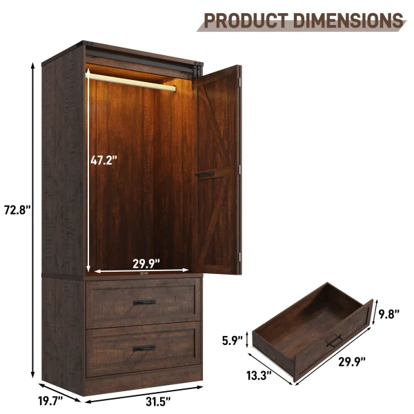 Armoire Cupboard with Sensor Light & 2 Drawer, Farmhouse Bedroom Armoire Cabinet with Hanging Rod & Sliding Barn Door - Image 2