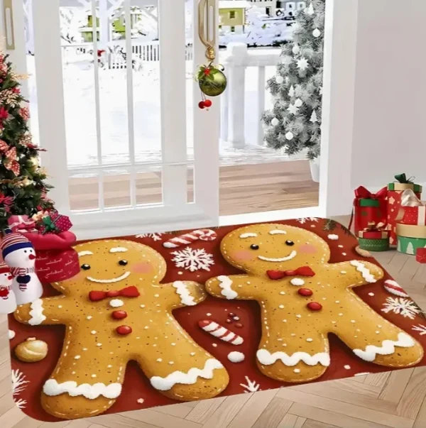 Winter Christmas  Floor Mat Anti Slip Soft Washable Indoor and Outdoor Mats Gingerbread and Snowflake Design Home Decoration - Image 2