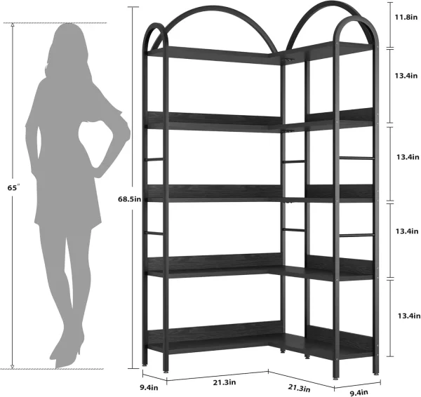Corner Bookshelf Industrial Bookcase, L Shaped Bookshelf Arched 5 Tier Corner Shelf, Large Bookshelf With Metal Frame - Image 5