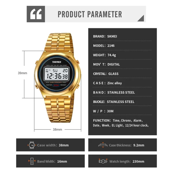 SKMEI 2146 Stainless Steel Men Waterproof Date Alarm Wriswatch reloj hombre Back Light Display Stopwatch Digital Watch - Image 5