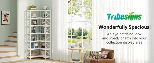 TRIBESIGNS WAY TO ORIGIN 7 Shelf Corner Bookcase, Industrial Corner Bookshelf, 7-Tier Tall Corner Shelf Storage Display Rack - Image 4