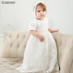 2025 Kids Girls Clothes Christening Birthday Outfits White Infant Princess Dress Baptism Baby Girls Matching Lace with Hat 1-3y - Image 2