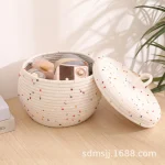 Woven Storage Basket Desktop Snack Storage Box with Lid Egg Basket Miscellaneous Items Organizer Toy Storage Basket Round