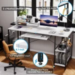 Modern Computer Desk, White Desk with Keyboard Tray and Storage Shelf, Study Table with Monitor Stand, 55"