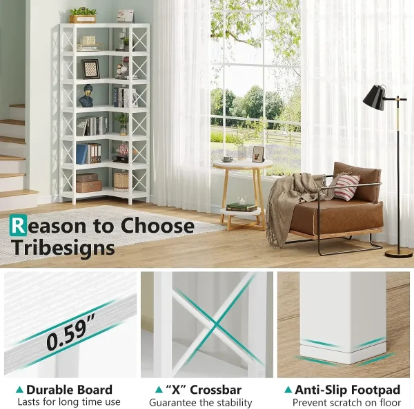 TRIBESIGNS WAY TO ORIGIN 7 Shelf Corner Bookcase, Industrial Corner Bookshelf, 7-Tier Tall Corner Shelf Storage Display Rack - Image 5
