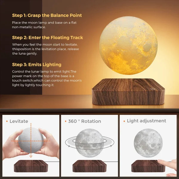Levitating Moon Magnetic Floating Night Light, 3 Colors Temperature, Creative Table 3D LED Lamp with Wooden Base for Gift Office - Image 3