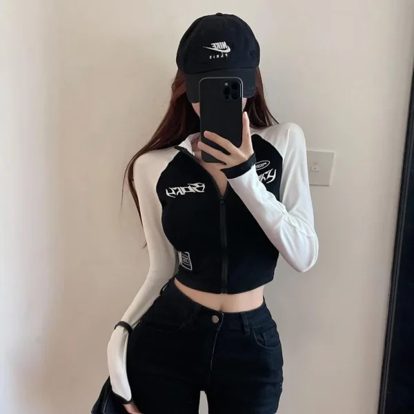Y2K Vintage T-shirt Women Spring Long Sleeve O Neck Crop Top Korean Fashion Vintage High Street Zip Up Tees Streetwear DF4937 - Image 4