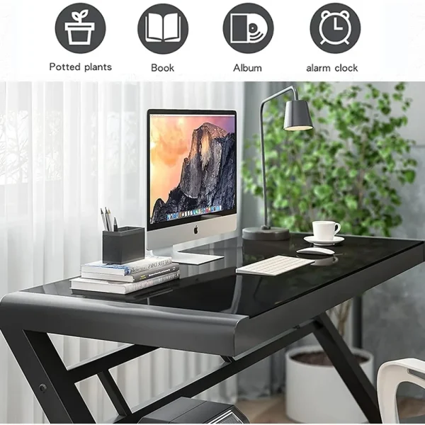 Study Table, 55.1 inch modern minimalist  black glass desk, study room - Image 3