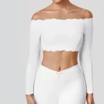 Women's Off Shoulder Long Sleeve Crop Top White Scallop Edge Workout T-shirts for Yoga Gym and Fitness with Stylish Design - Image 2