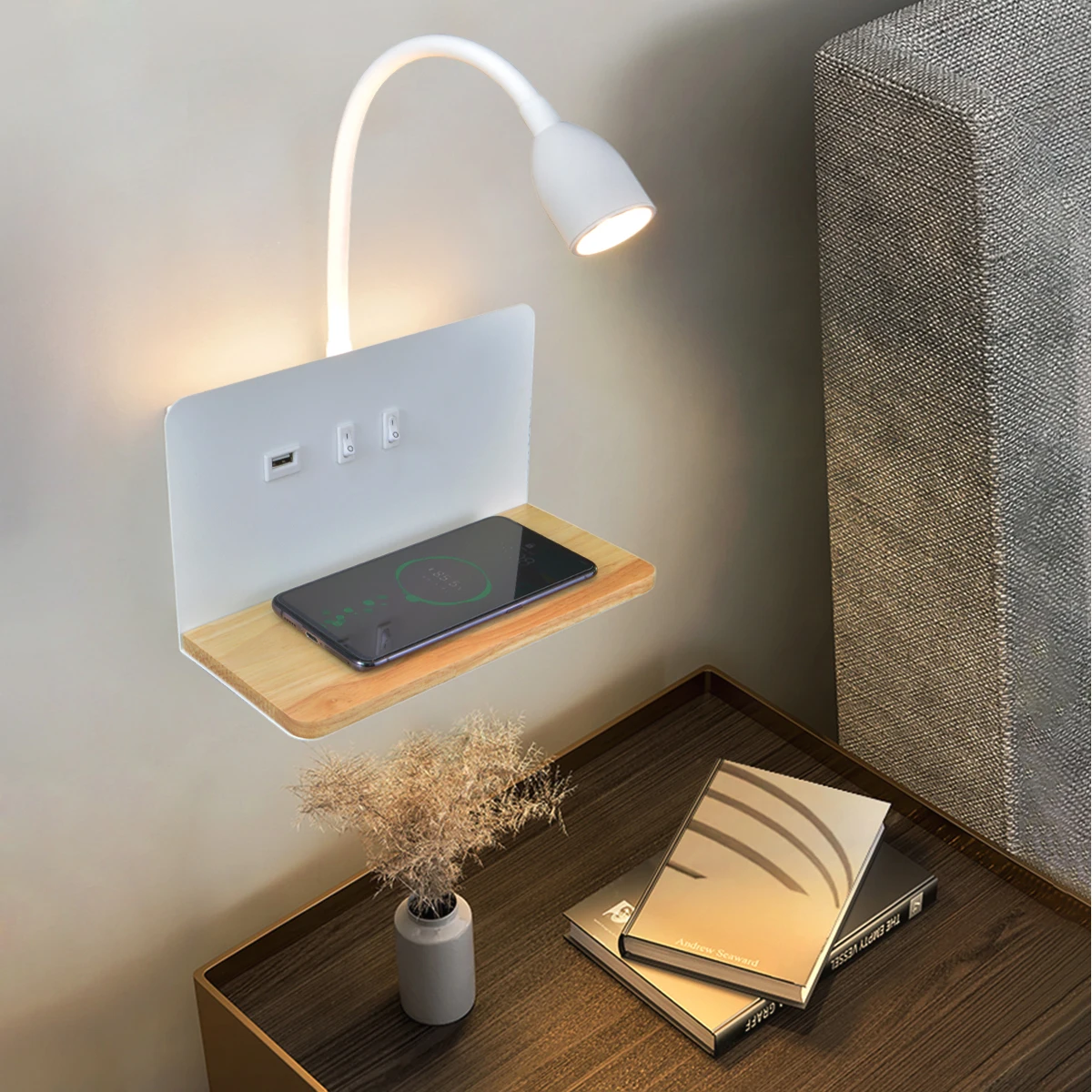 kf-S7747865407e243c7a9706d9cd2d57b4ac Indoor LED Wall Lamp With USB Interface And Wireless Charging Modern 360° Rotatable Wall Light With Switch Bedside Night Lights - Image 1