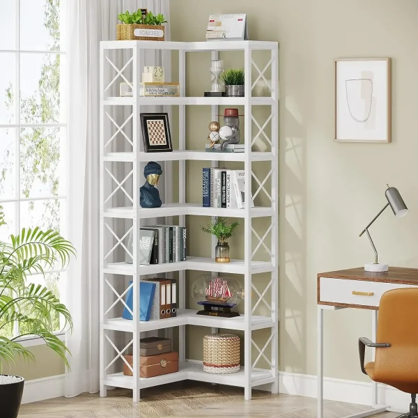 TRIBESIGNS WAY TO ORIGIN 7 Shelf Corner Bookcase, Industrial Corner Bookshelf, 7-Tier Tall Corner Shelf Storage Display Rack - Image 2