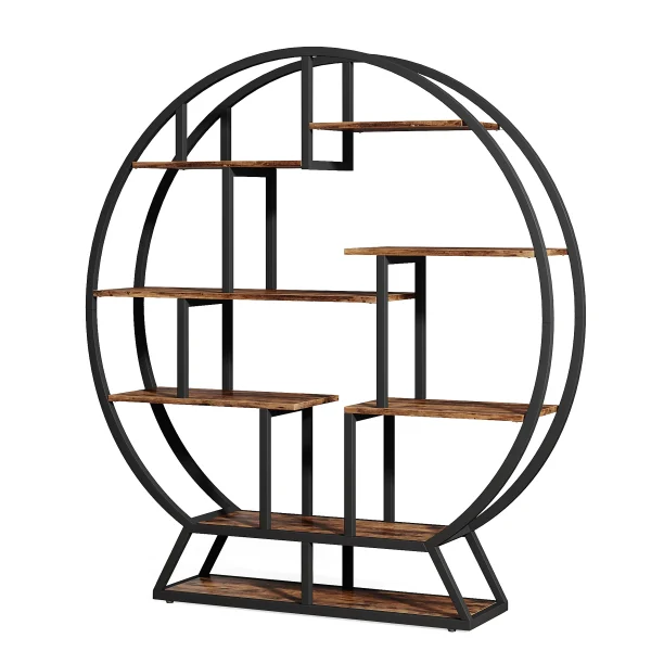 Tribesigns Bookshelf, Round Bookshelves Etagere Bookcase, 63-Inch Industrial Wood Book Shelf with Staggered Shelves - Image 5