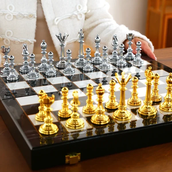 Luxury Chess Set Large Portable Board Game Metal Chess Pieces Foldable Chessboard Children Table Games Living Room Ornaments - Image 3