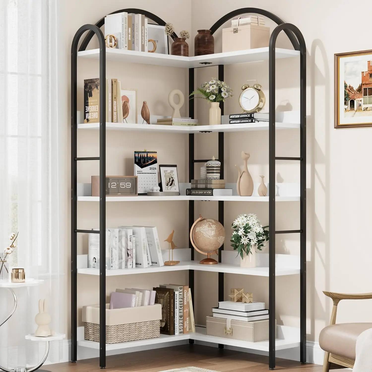 kf-S85c9fb93f0c440dab757f836a6674298i Corner Bookshelf Industrial Bookcase, L Shaped Bookshelf Arched 5 Tier Corner Shelf, Large Bookshelf With Metal Frame - Image 1