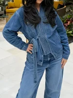 Women's Elegant Collar Denim Jacket - Lace-Up Short Short Length Coat with Crossover Hem, Buttonless Single-Breasted Front, Mach