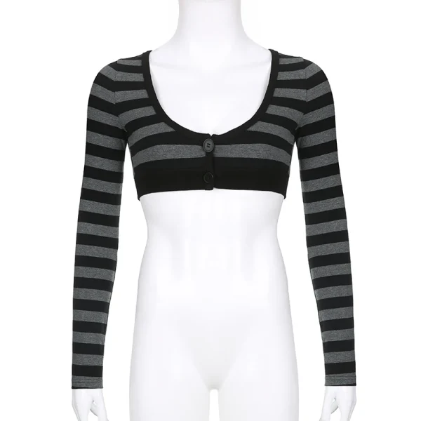 Y2K Vintage Striped Crop Top Casual Button O-neck Long Sleeves Cardigan T-shirt Retro Harajuku Grunge Super-short Smock Top Tees - Image 5