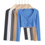 Sexy Slim Fit V-neck Long Sleeve Crop Top Tee for Women Solid Color Open Navel Casual Blouse High Street Fashion Korean Style - Image 4