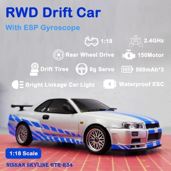 LDRC 1899 1/18 RC Drift Car LD1899 GTR Mode R34 2.4GHz RWD with Gyroscope on-Road Alloy Body Shell Racing Car for Boys Gifts - Image 3