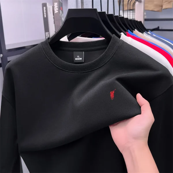 Men's Round Neck Casual Cotton Long Sleeved Sweatshirt Solid Color Versatile Fleece Loose Casual T-shirt - Image 2