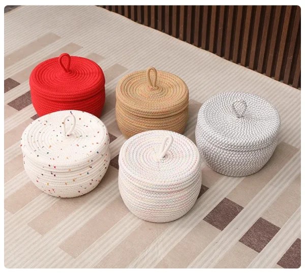Woven Storage Basket Desktop Snack Storage Box with Lid Egg Basket Miscellaneous Items Organizer Toy Storage Basket Round - Image 3