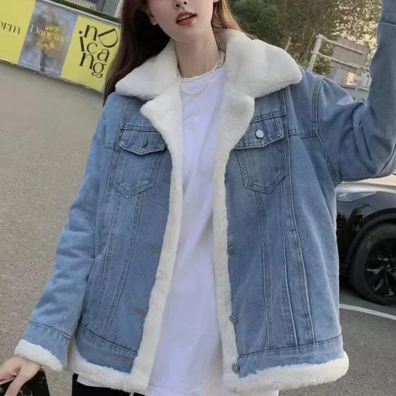 kf-S9644307b6cbb4bf7a5fdcd0a50b2a736W Autumn Winter New Popular Solid Color Plush Thick Denim Women's Clothing Jacket with Coats Double-sided Wear Stylish Chic Tops - Image 1