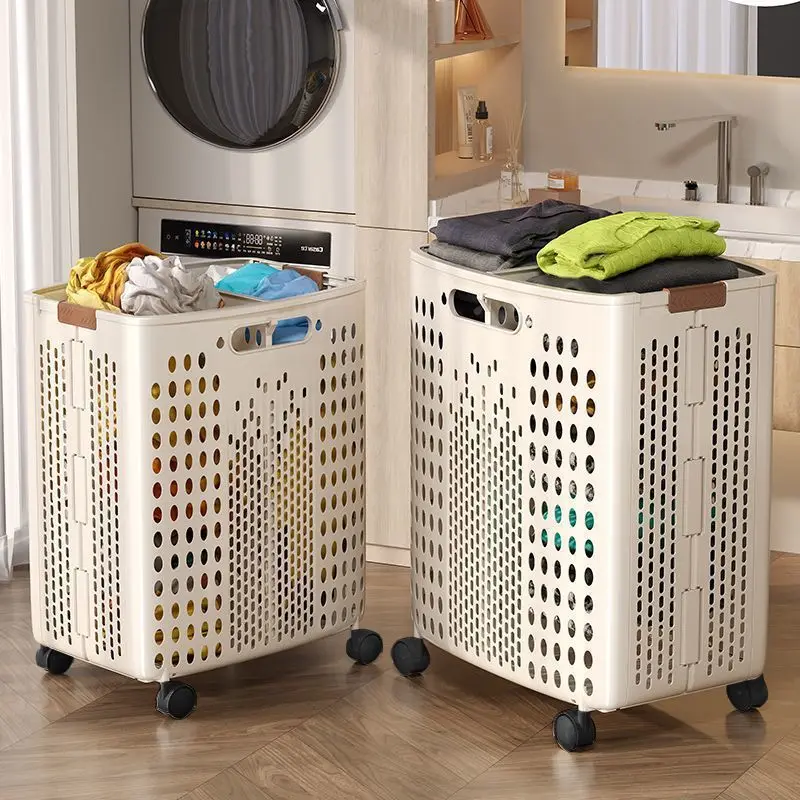 kf-S99d170160e9d46e8bb218e878b4e664fi 1 Pack, Two Colors, Household Bathroom Laundry Basket, Foldable Laundry Hamper, Bathroom Toilet Large Capacity with Wheels, Simple Dirty Clothes Storage Basket - Image 1