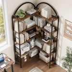 Corner Bookshelf Industrial Bookcase, L Shaped Bookshelf Arched 5 Tier Corner Shelf, Large Bookshelf With Metal Frame - Image 2
